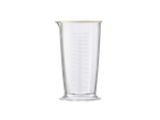 A clear measuring cup with volume markings from 50ml to 700ml, part of a hand blender set.
