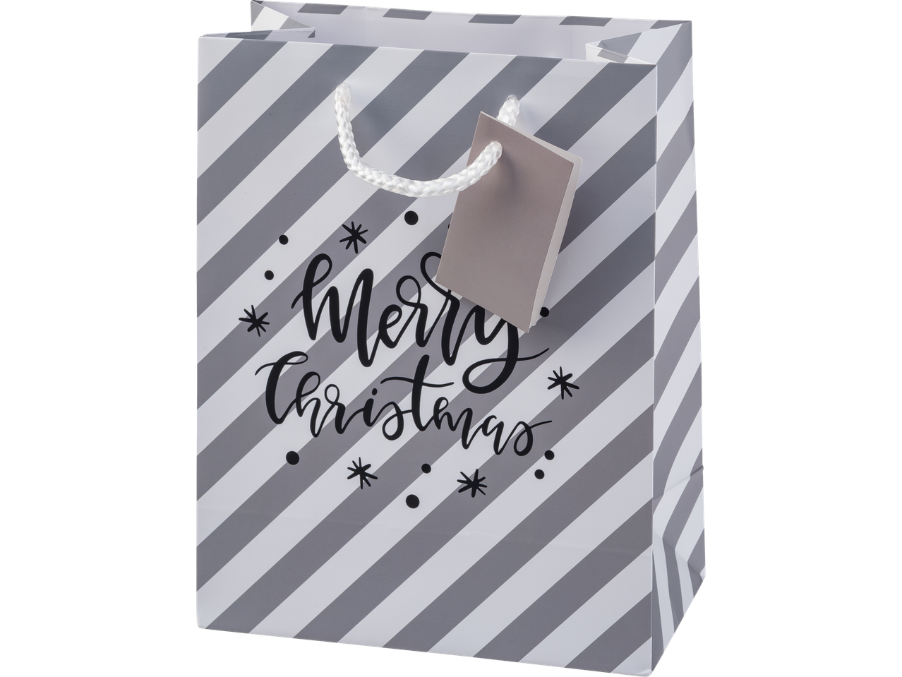 Crelando® dovanų maišelis su pilkai baltomis juostelėmis ir užrašu „Merry Christmas“.