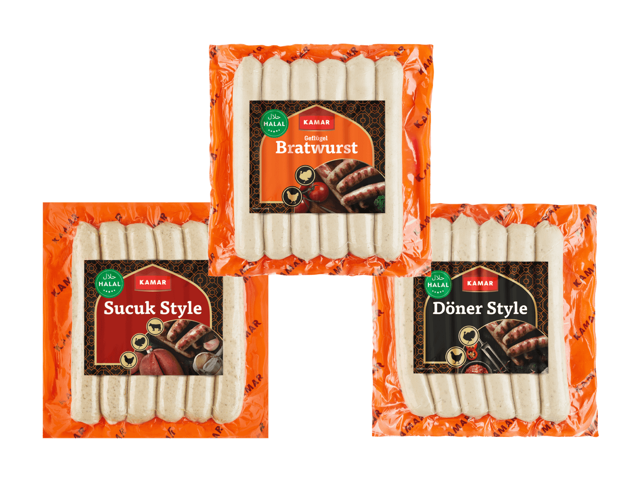 Drei Packungen Kamar Halal-Würstchen in Bratwurst-, Sucuk- und Döner-Style.