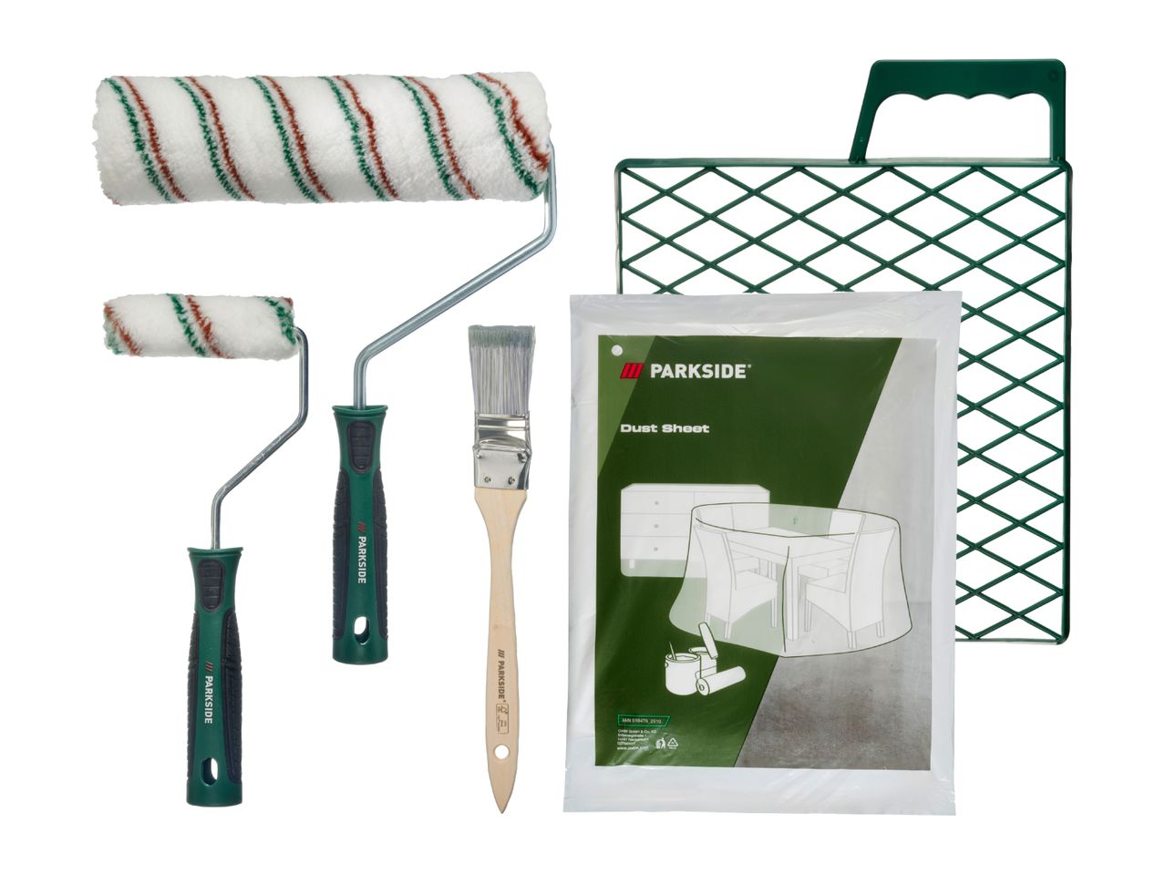 Paint roller set with two rollers, a brush, a dust sheet, and a paint grid.