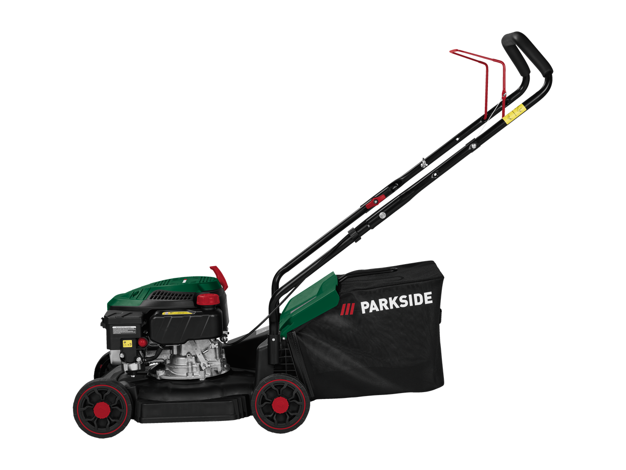 Parkside benzīna zāles pļāvējs ar zāles savācēju.