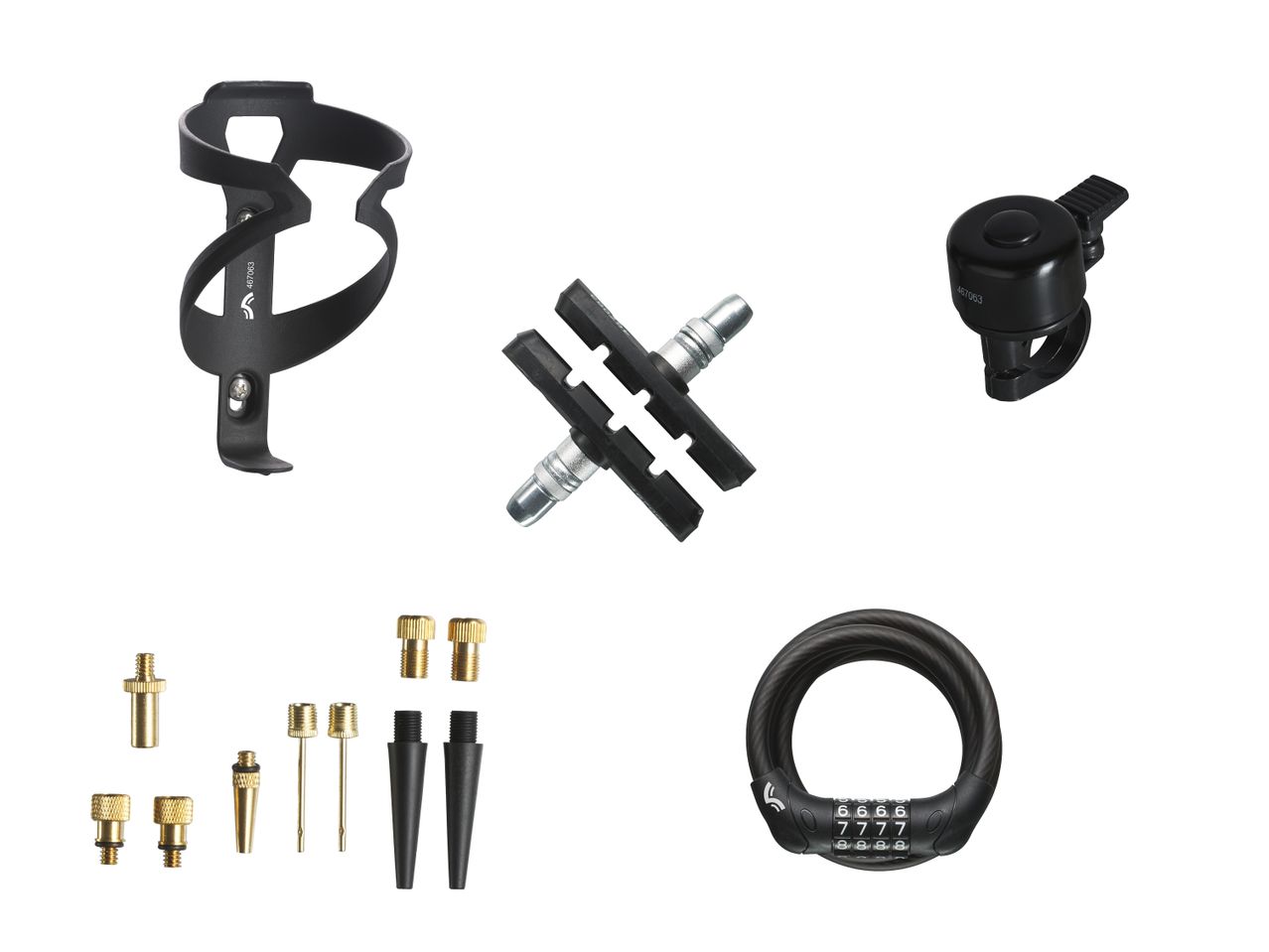 Fahrradzubehör: Flaschenhalter, Bremsbeläge, Klingel, Ventiladapter und Kabelschloss.