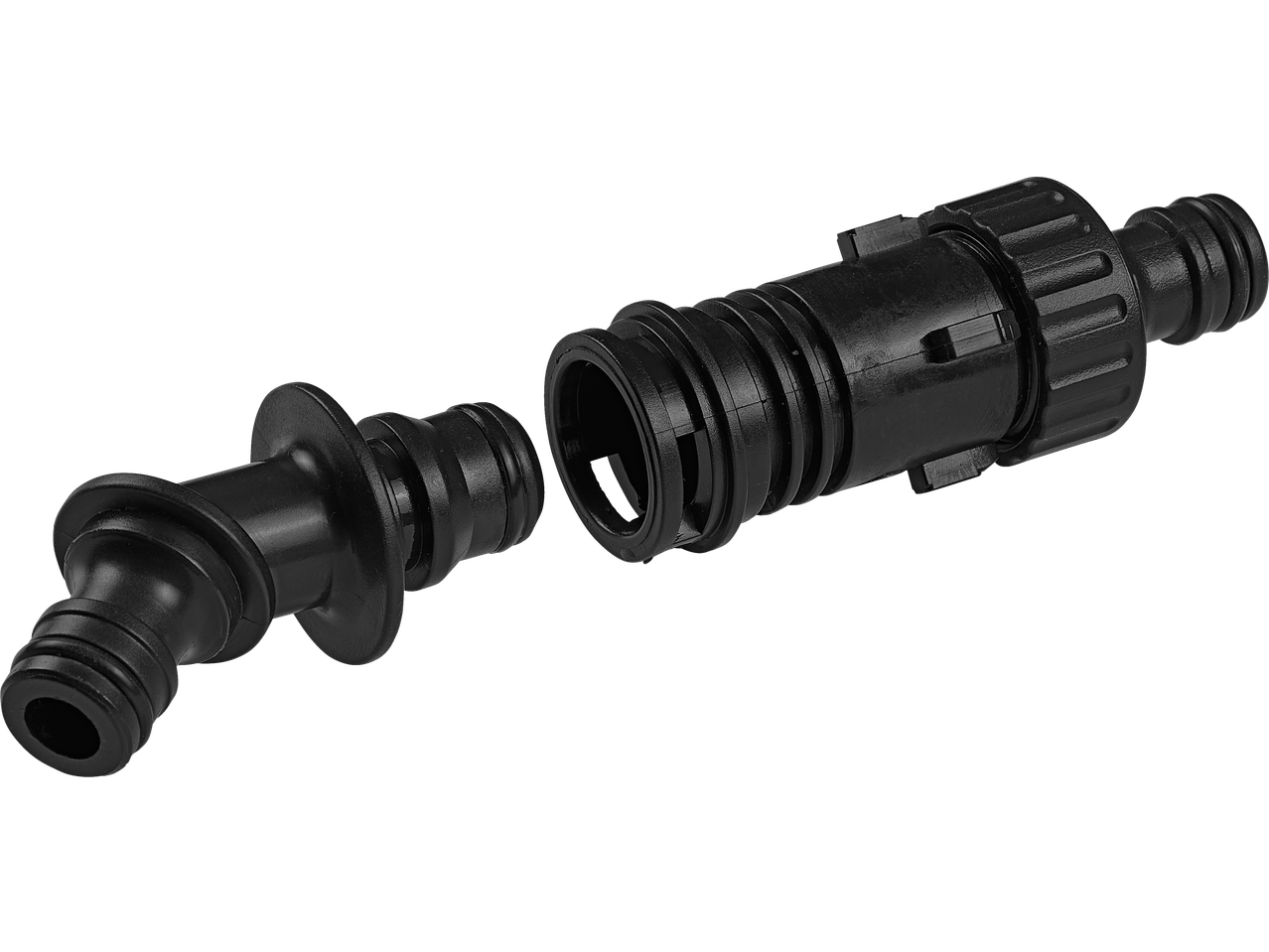 PARKSIDE žarnos vežimėlio jungties dalys, juodo plastiko, atskirtos