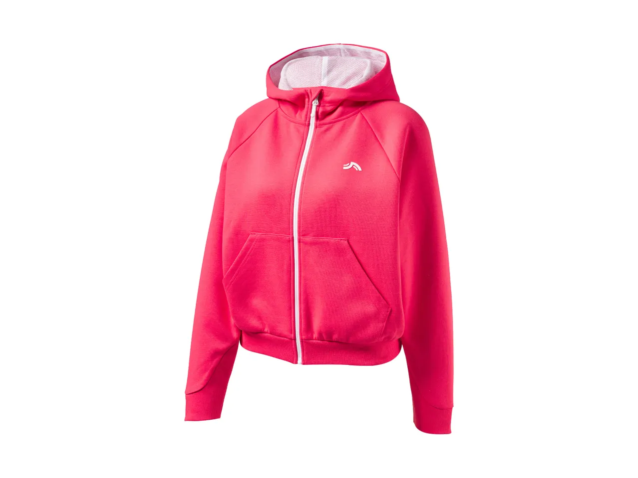 Pink full-zip hoodie with a white zipper and a small white logo on the chest.