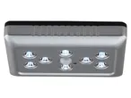A silver rectangular LED light with a black top, featuring eight bright lights and a central sensor.