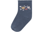 A single blue baby sock with a floral design.