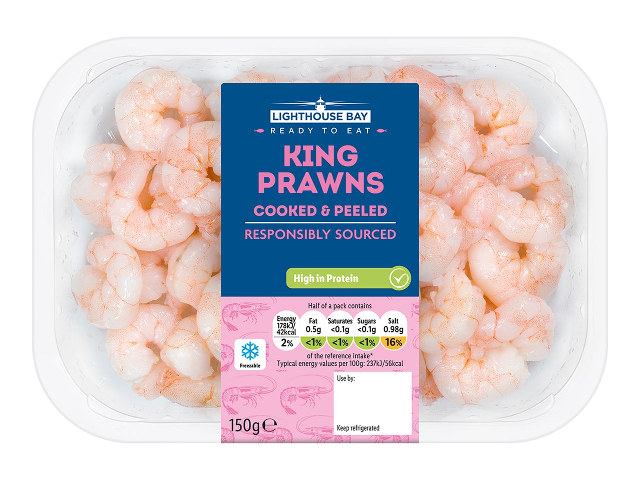 Lighthouse Bay cooked and peeled king prawns, ready to eat.