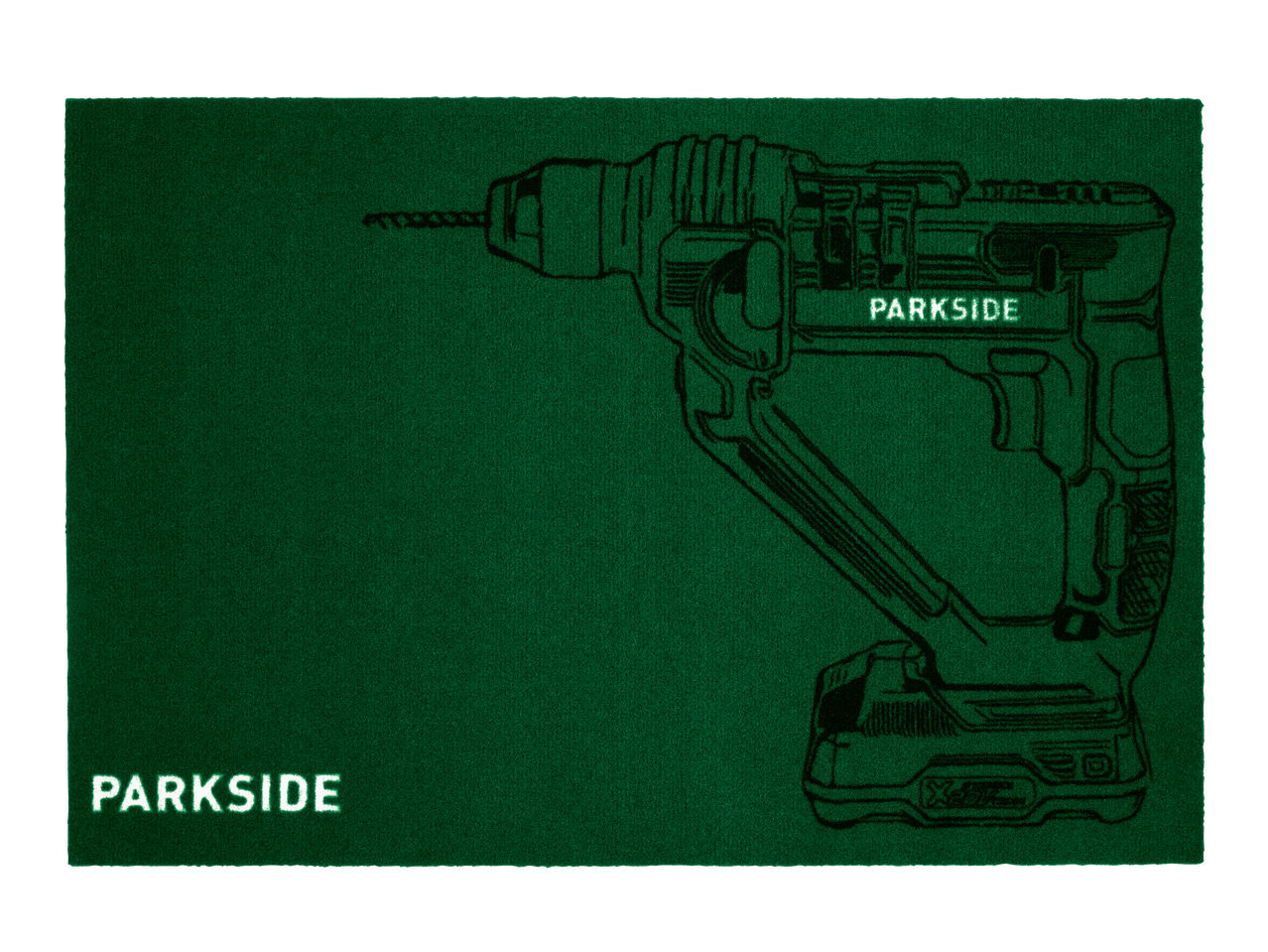 Tappeto verde con schizzo di un trapano Parkside e logo Parkside.