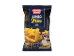Pose med frosne pommes frites, mærket 'Jumbo Fries Extra Crunch', med tilberedningsinstruktioner og vægt på 1 kg.