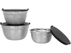Three stainless steel mixing bowls with black lids, two stacked and one open.