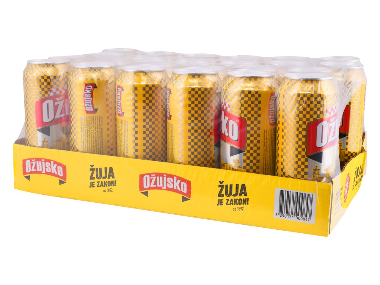 24 pločevink piva Ožujsko v škatli, z napisom Žuja je zakon!