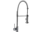 A chrome kitchen faucet with a pull-down spray head and a flexible coiled hose.