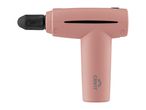Pink massage gun with a black attachment and a logo on the handle.