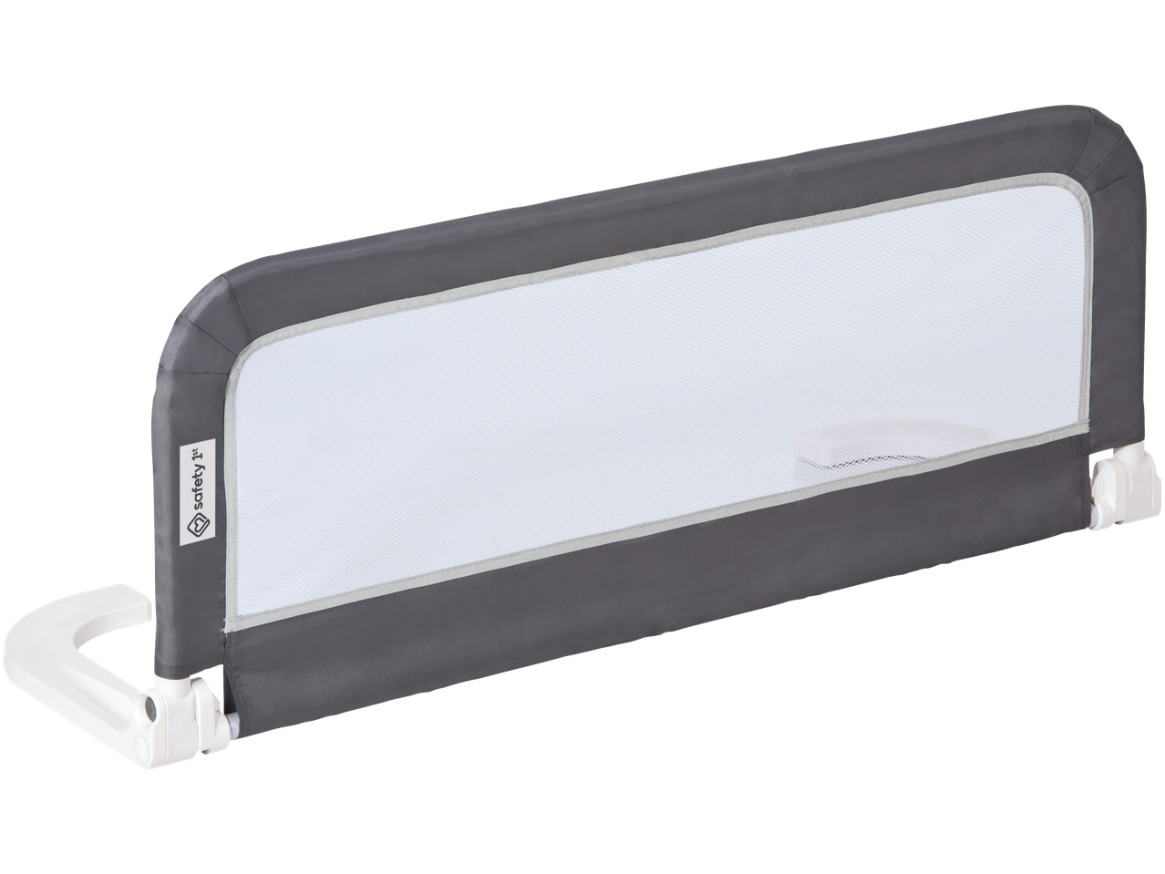 Grey bed rail with white mesh and white plastic fittings, angled view.