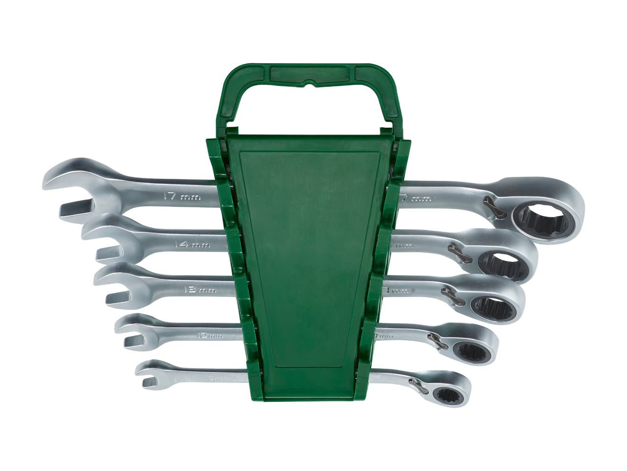 Set of five silver combination ratchet wrenches in a green plastic holder, sizes 17mm, 14mm, 13mm, 12mm, and 10mm.