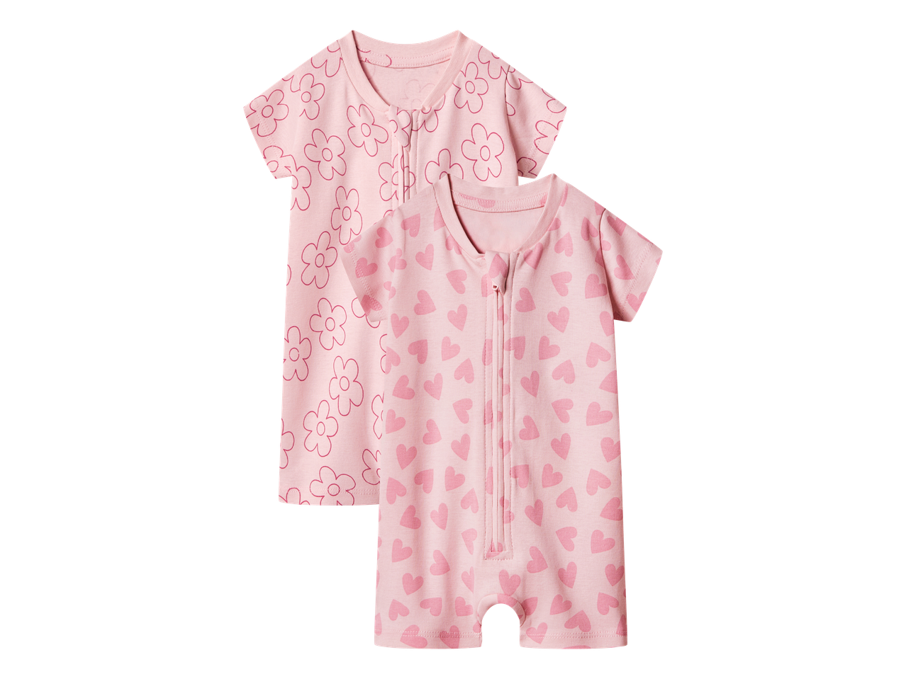 Dva ružičasta dječja kombinezona s kratkim rukavima, jedan s uzorkom cvijeća, drugi sa srcima.