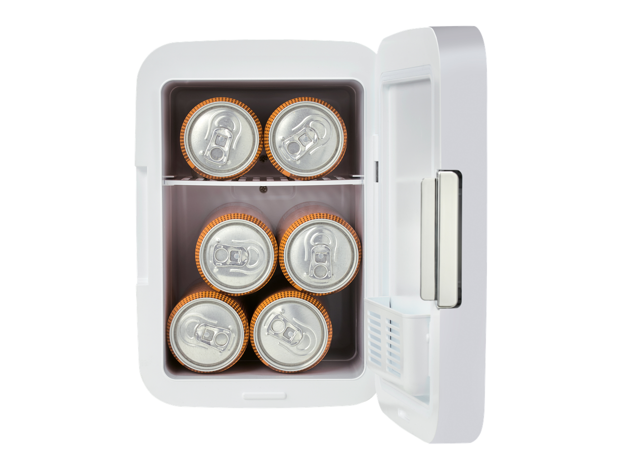 SILVERCREST® Mini Fridge with six orange soda cans inside, door open.