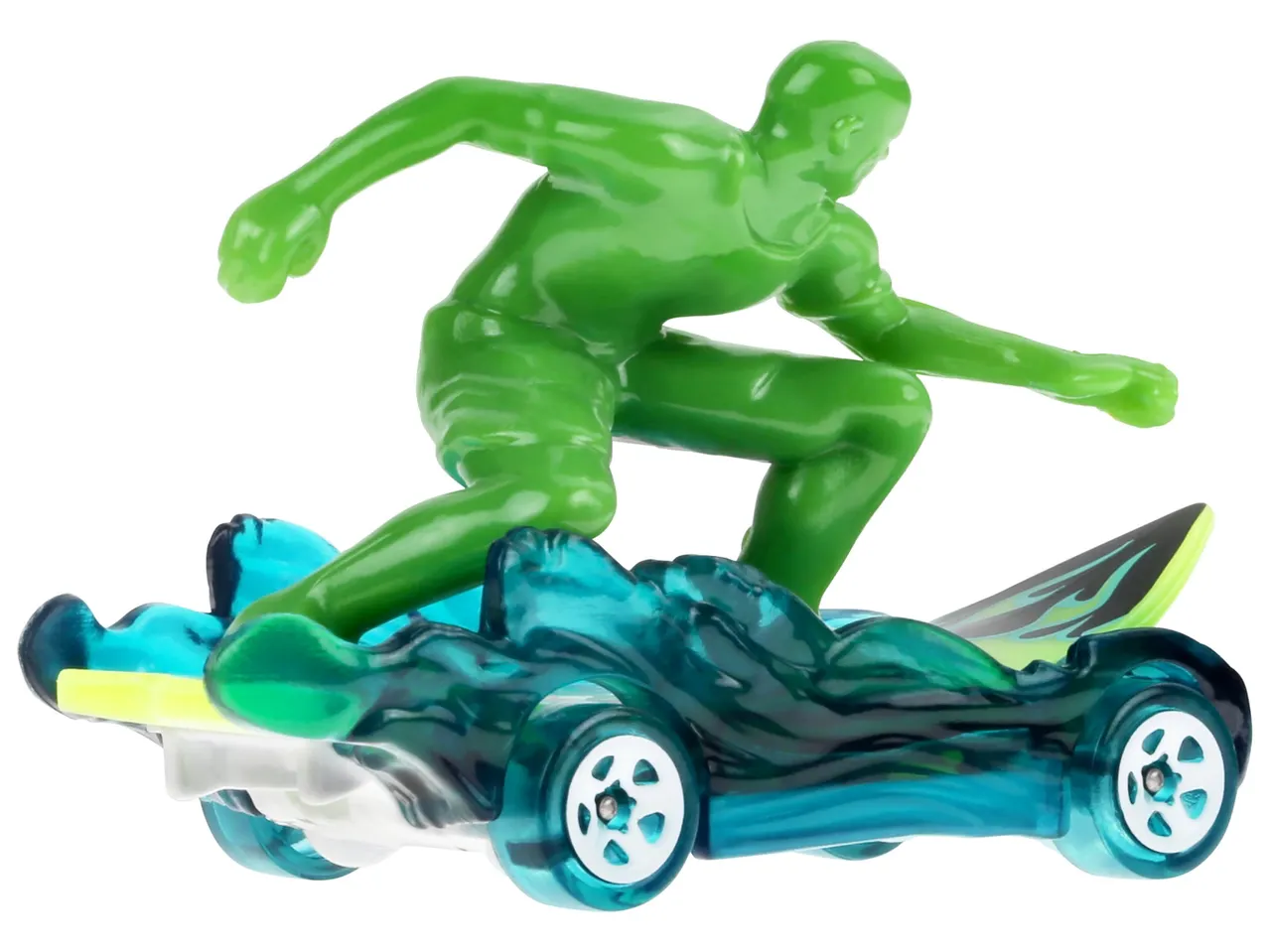 Un véhicule Hot Wheels futuriste sur lequel un personnage vert effectue un trick.