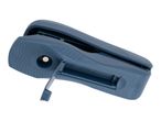 Blue stapler with a built-in staple remover, angled view.