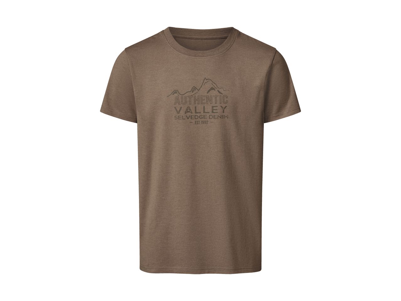 Brun T-shirt med et bjergmotiv og teksten 'AUTHENTIC VALLEY SELVEDGE DENIM - EST 1952'.