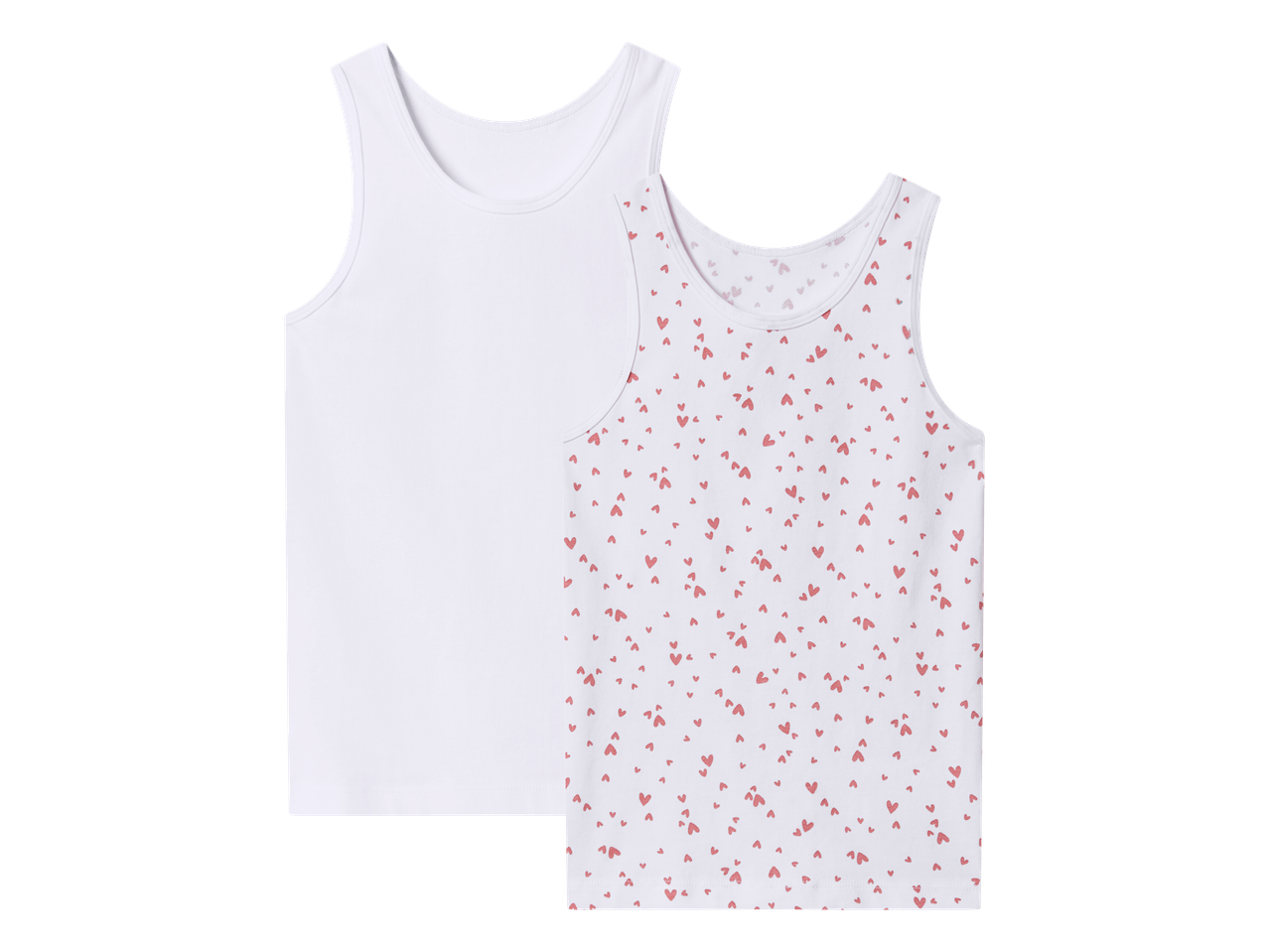 Dva dječja potkošulja, jedna bijela i jedna s uzorkom crvenih srca.