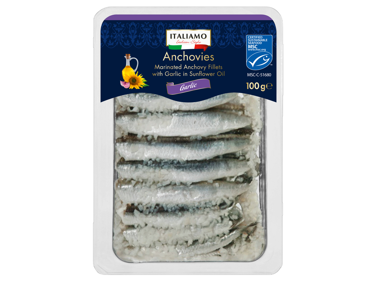 ITALIAMO marinuoti ančiuvių filė su česnakų saulėgrąžų aliejuje, 100g.