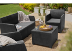 Livarno Garden Sofa Set with dark grey cushions and a coffee table on a patio.