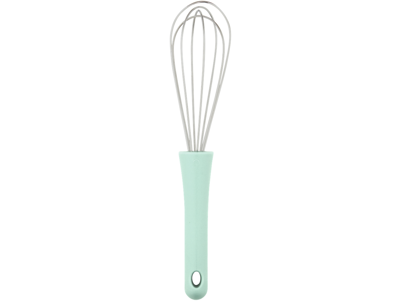 A mint green silicone handled whisk with stainless steel wires.