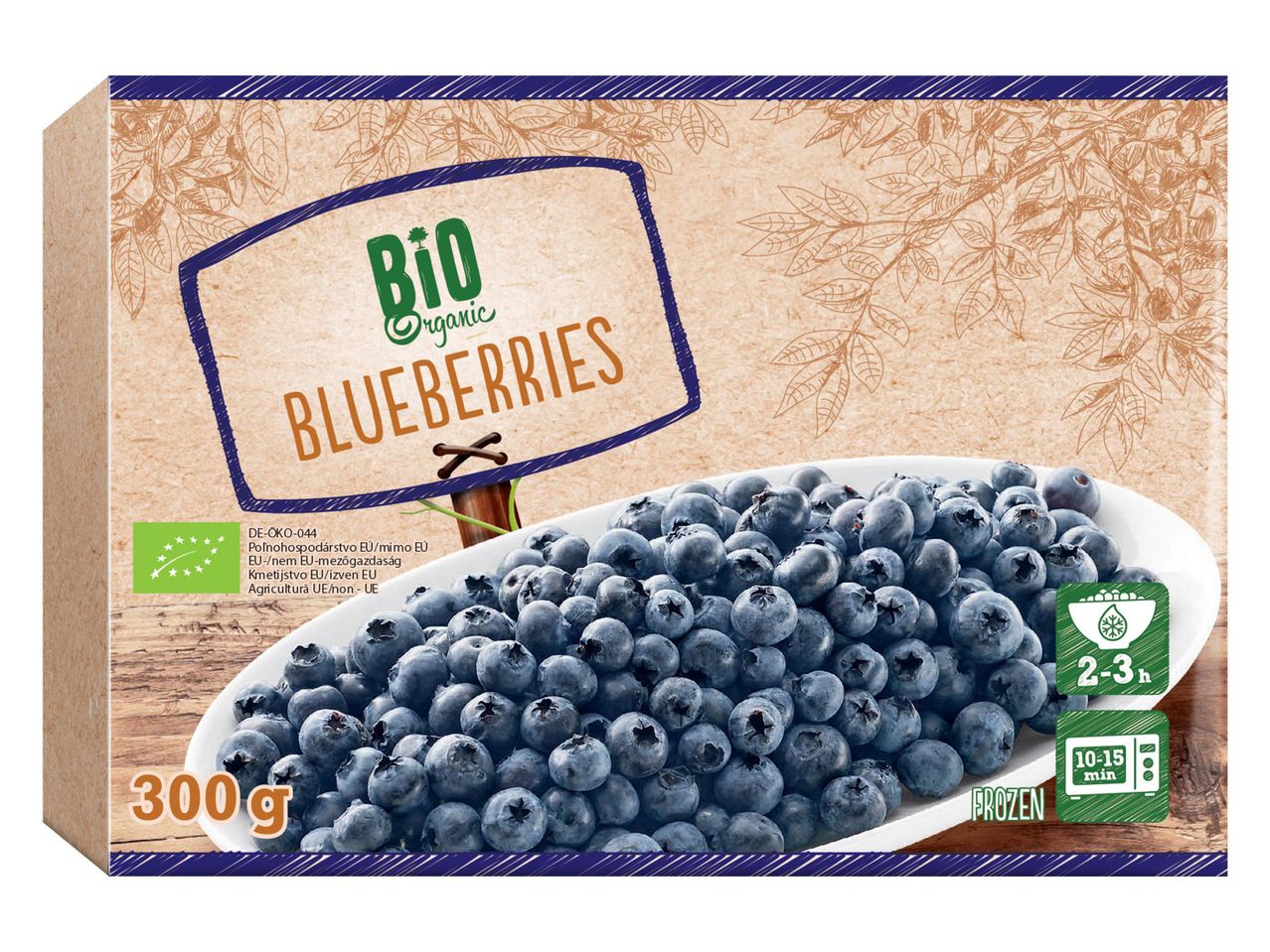Bio fagyasztott áfonya 300g-os csomagolásban.