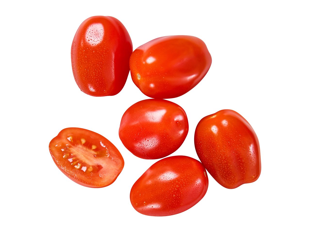 Fresh red cherry tomatoes, some whole and one cut in half, with water droplets.