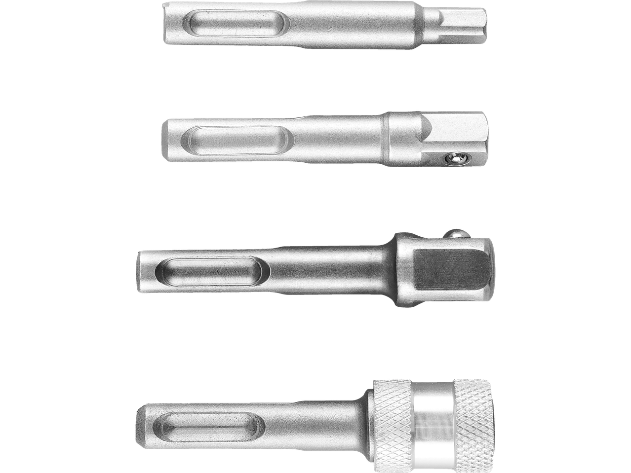 Keturi metaliniai grąžtų antgaliai.