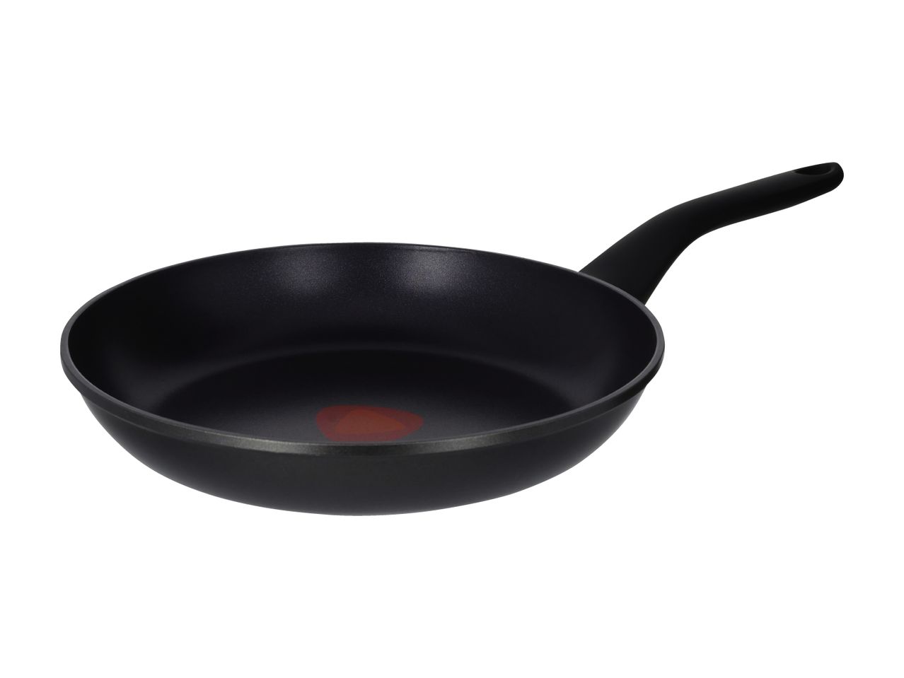 Black frying pan with a red heat indicator in the center
