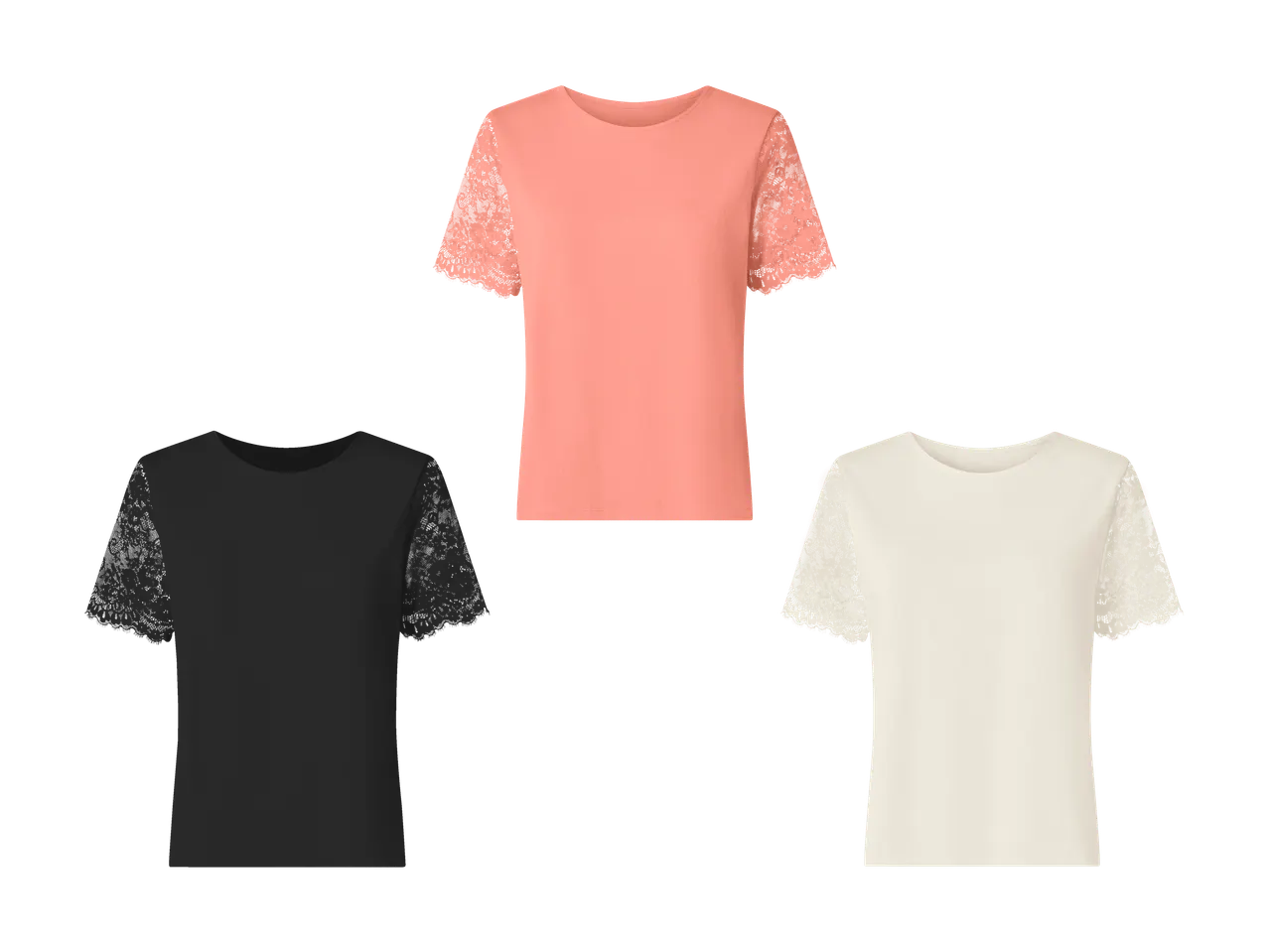 Trois t-shirts femme avec manches en dentelle, un rose, un noir et un blanc.
