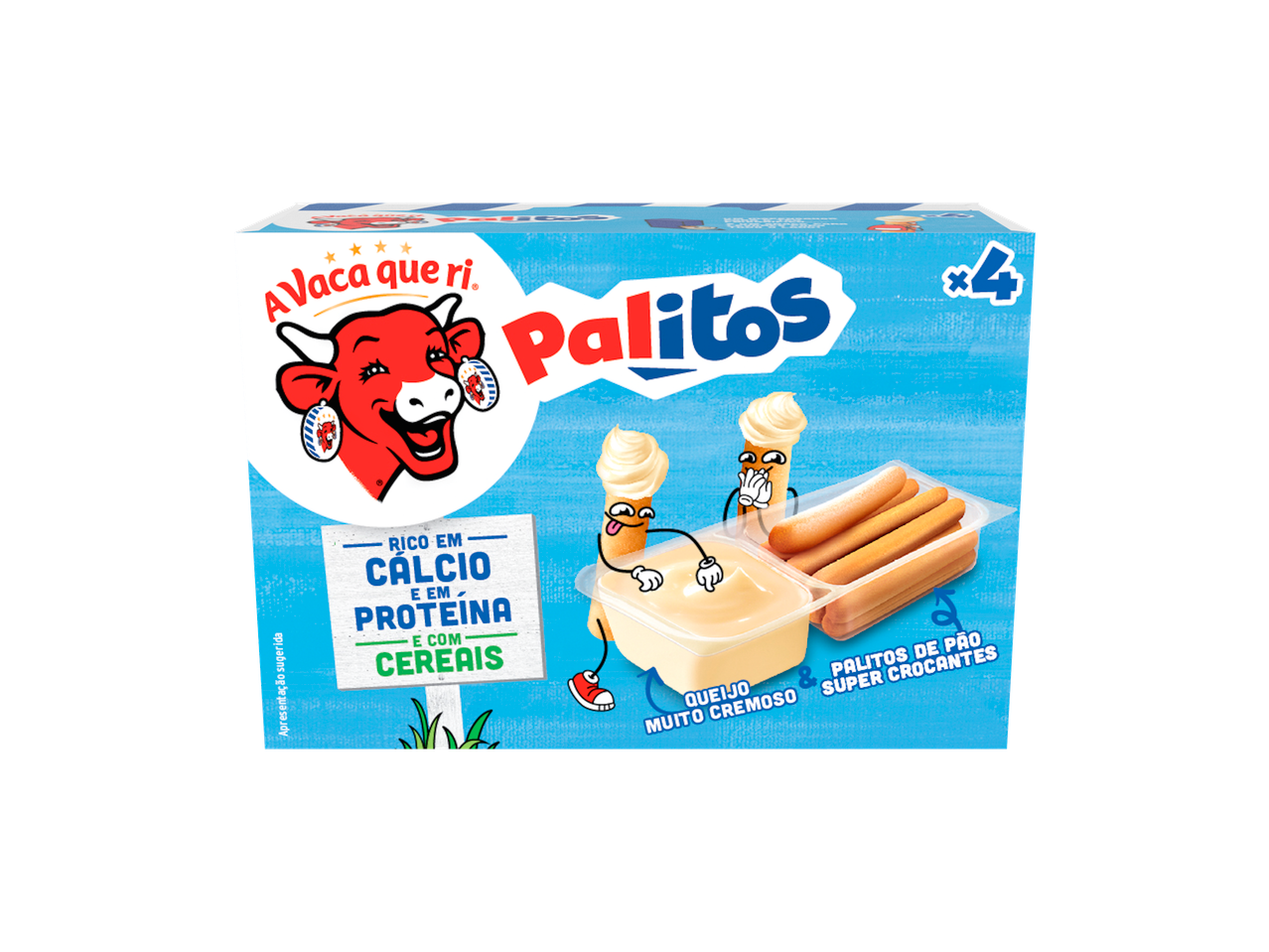 Embalagem de Palitos A Vaca que Ri com queijo cremoso e palitos de pão crocantes, rica em cálcio, proteína e cereais.