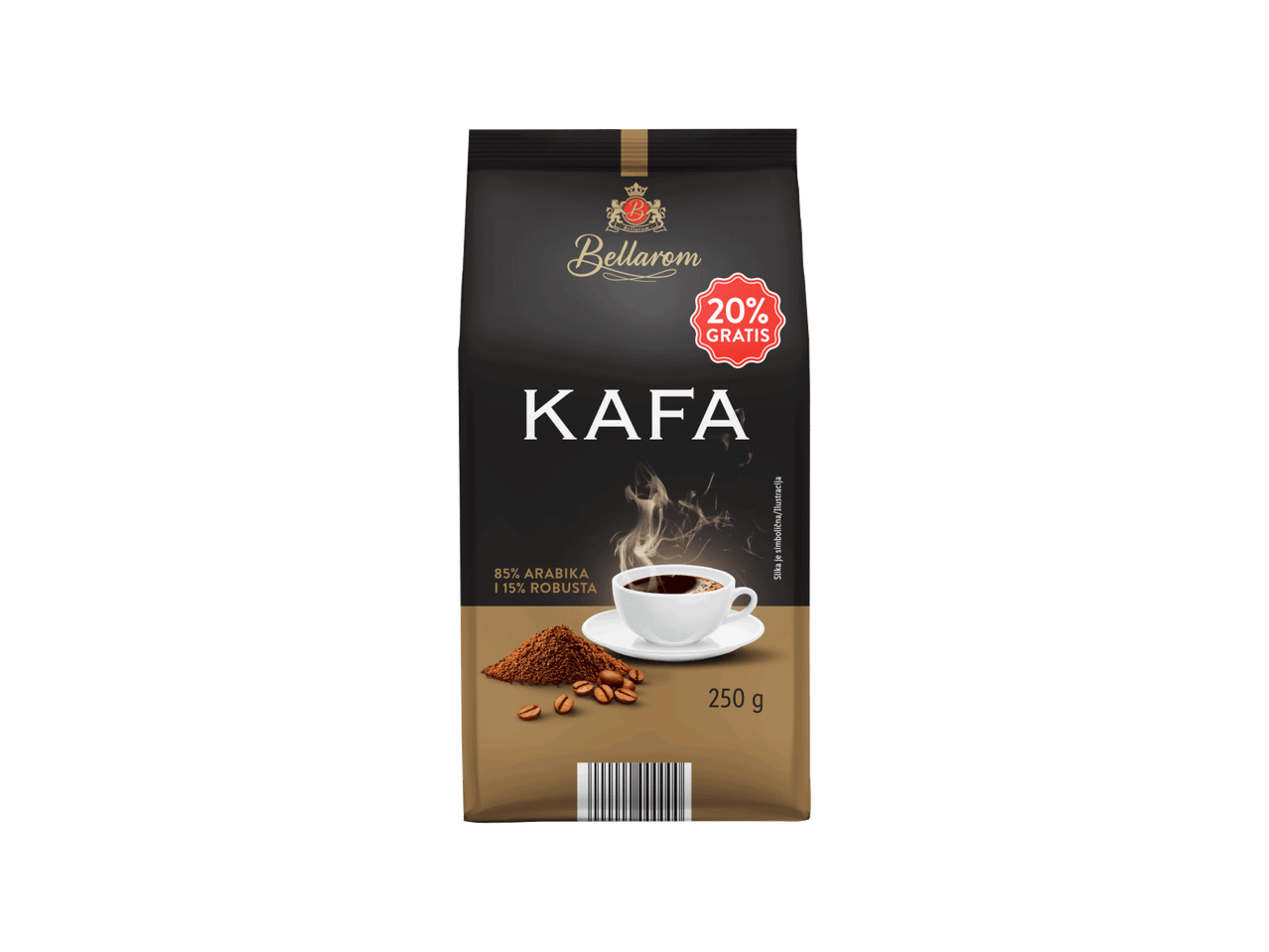 Pakovanje kafe sa natpisom 'KAFA', 20% gratis, 85% Arabika i 15% Robusta, 250g.