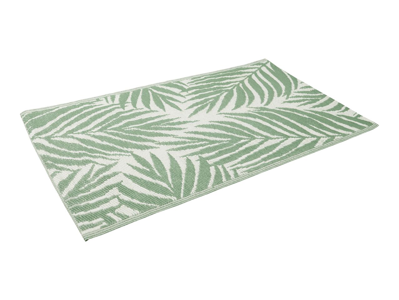 Green and white palm leaf pattern outdoor rug