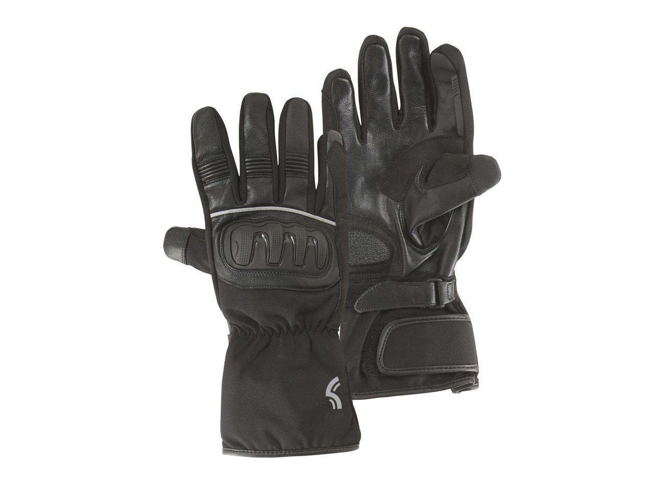 Pair of black motorcycle gloves with protective knuckle padding and wrist straps.