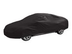 Black car cover protecting a sedan on a white background