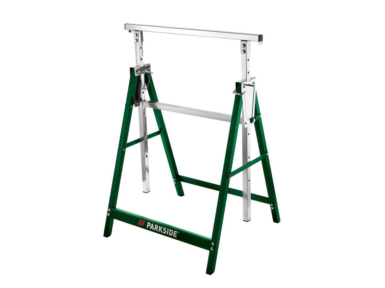 Zöld és ezüst színű, állítható magasságú fűrészbak, fekete háttér előtt.