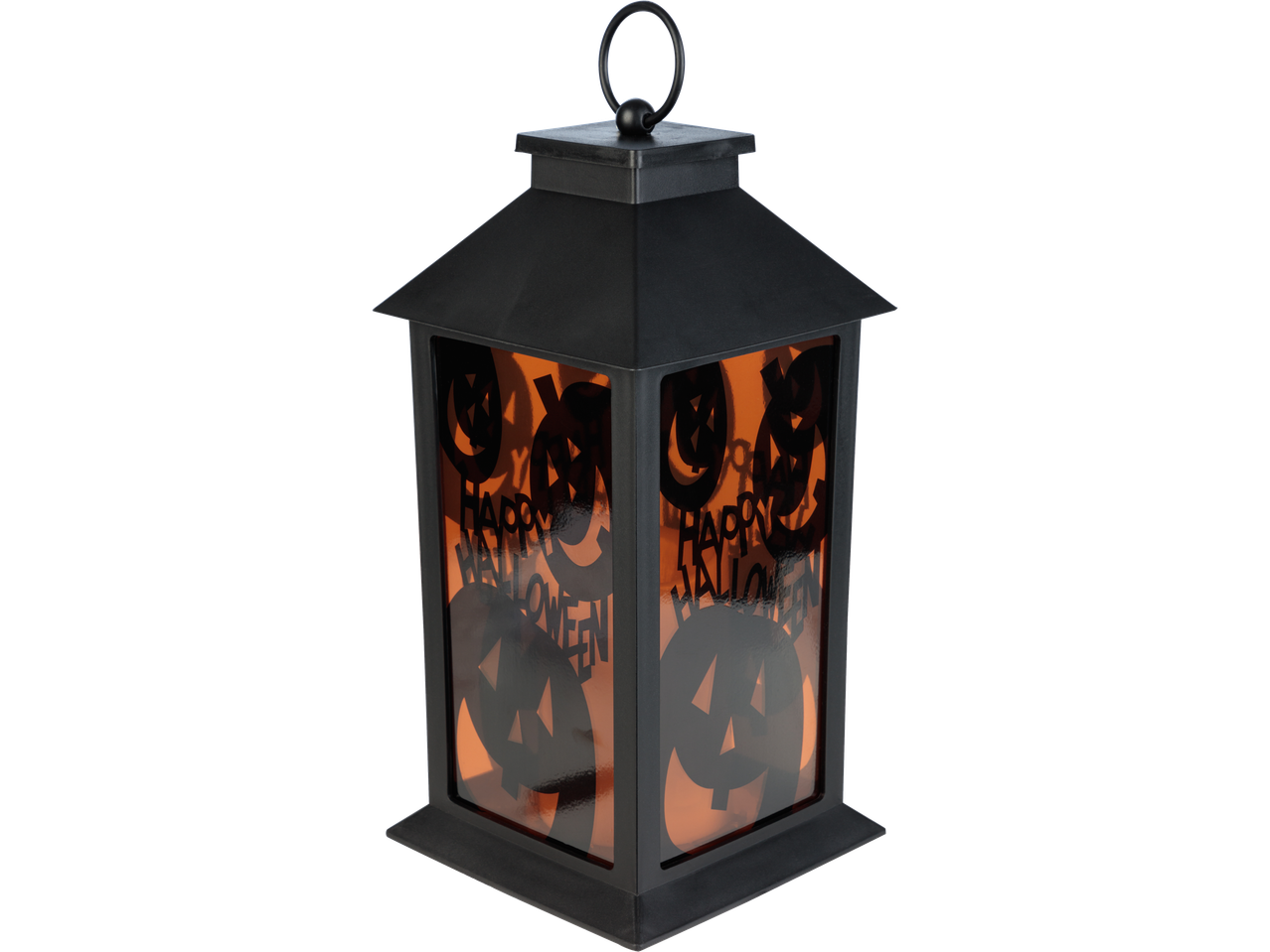A black Halloween lantern with orange panels and pumpkin cutouts.