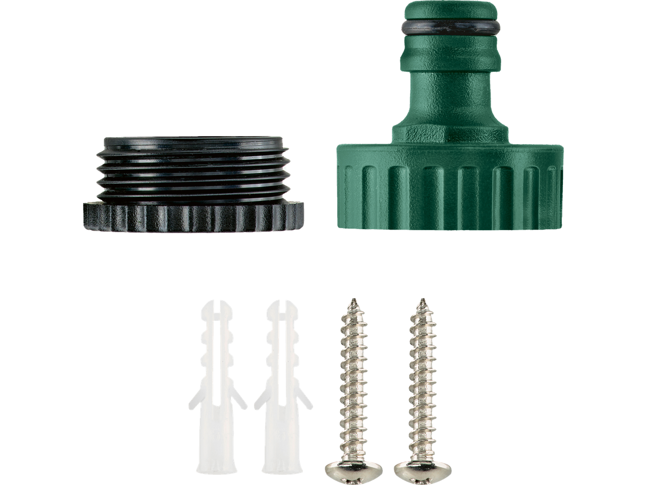 Um conjunto de conectores para mangueira de jardim com parafusos e buchas.