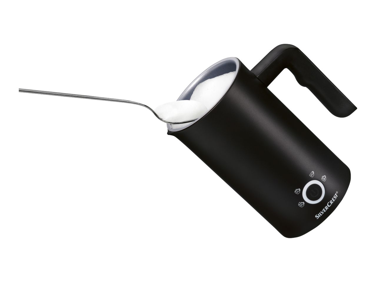SilverCrest milk frother with a spoon scooping out foam