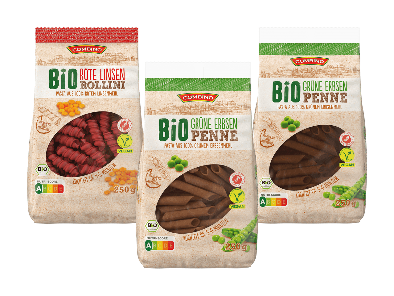 Drei Packungen Bio-Pasta von Zwergenwiese in den Geschmacksrichtungen Karotte, Linsen und Rote Bete.