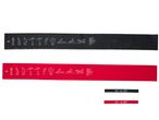Crivit resistance bands in black and red, shown with exercise instructions and product details.