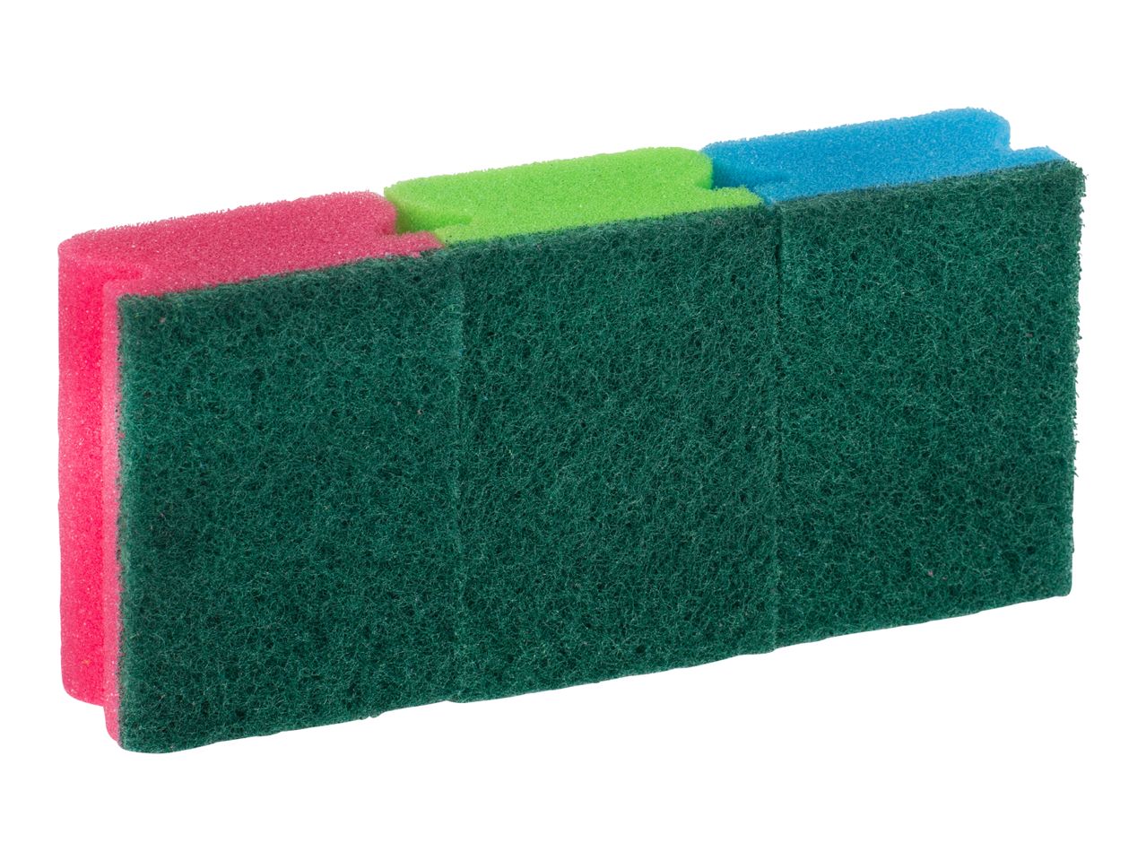 Three colorful kitchen sponges with abrasive scrub pads