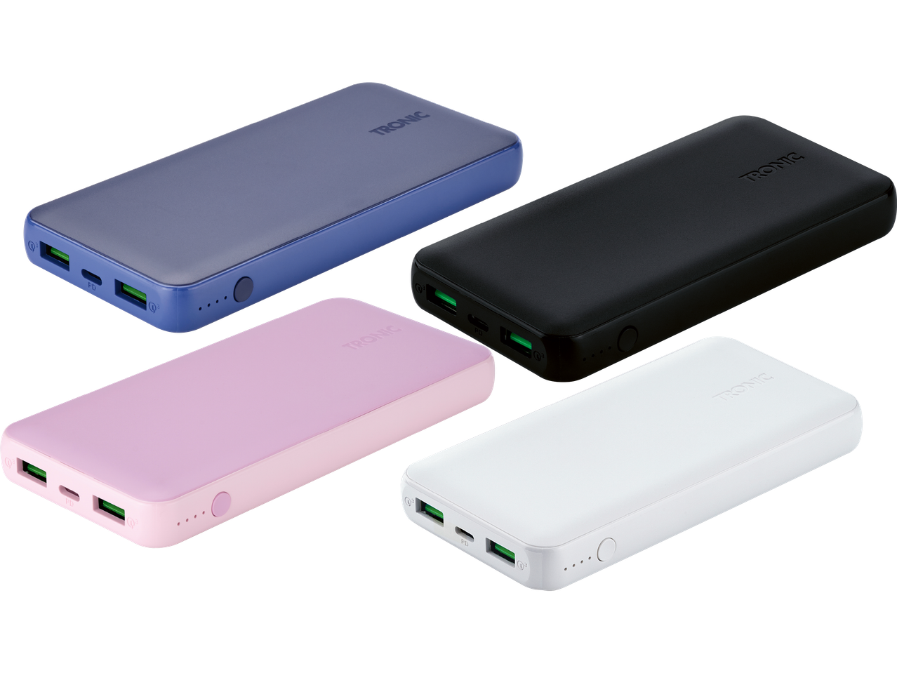 Fyra Tronic powerbanks i olika färger: blå, svart, rosa och vit.