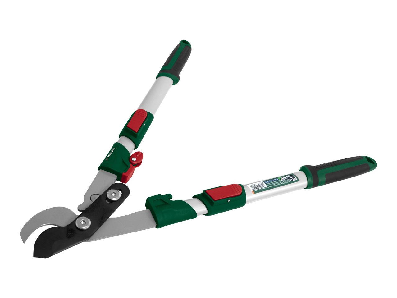 Telescopic bypass loppers with green and red accents, featuring a label with text and symbols.