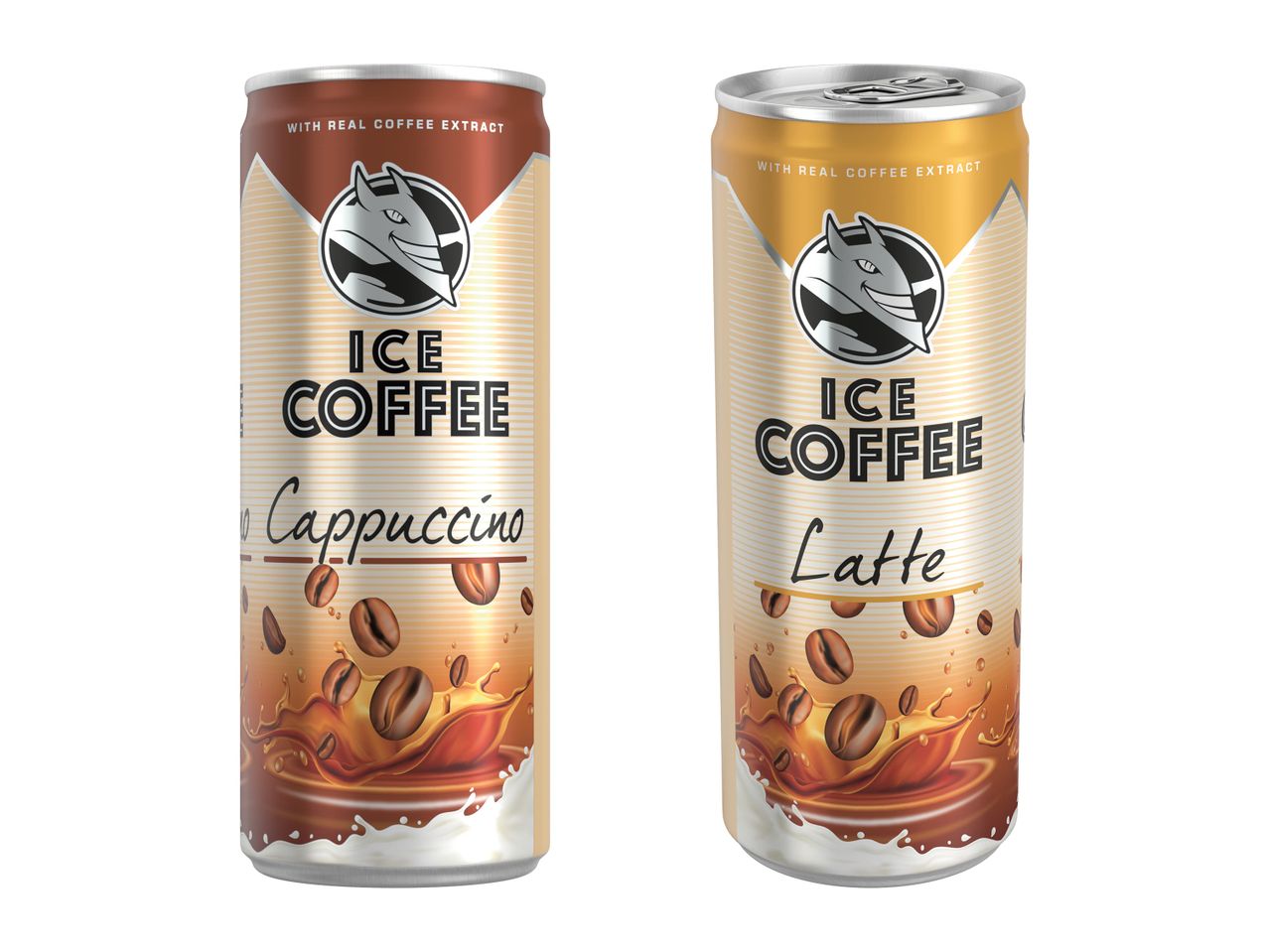 Două doze de cafea Ice Coffee, Cappuccino și Latte.