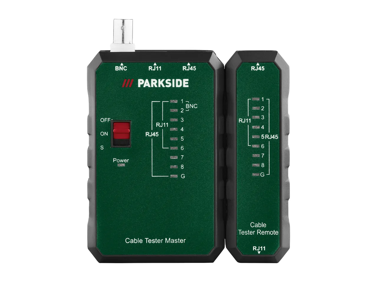 Two-part cable tester for BNC, RJ11, and RJ45 cables, with master and remote units.