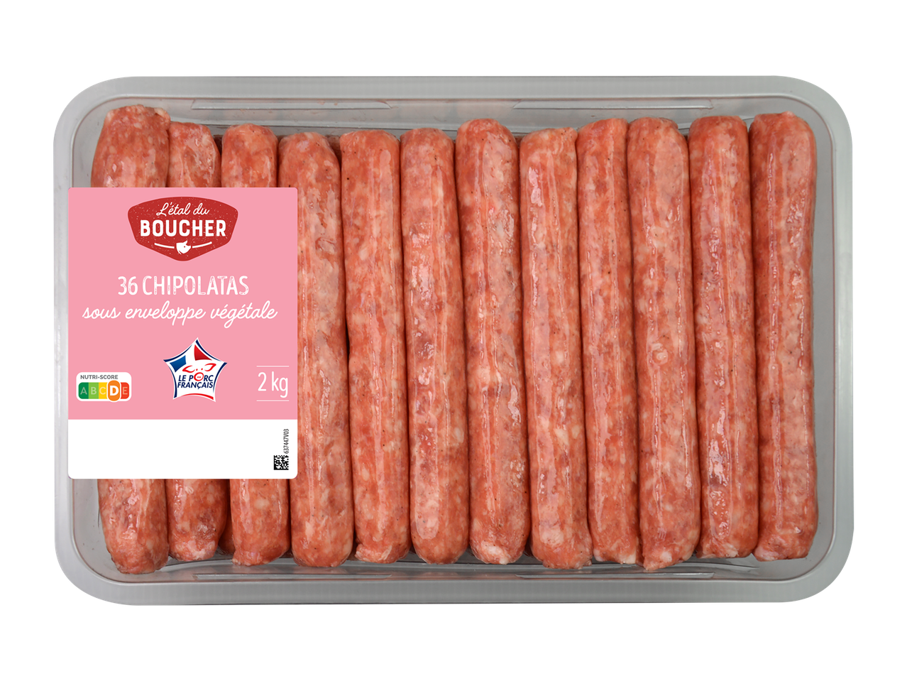 Barquette de 36 chipolatas sous enveloppe végétale, 2 kg, avec Nutri-Score A.
